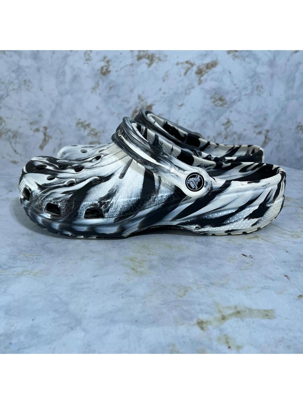 Crocs Classic Womens Sz 9 Shoes Black White Slides Comfort Casual Marbled Sandal - Picture 4 of 10